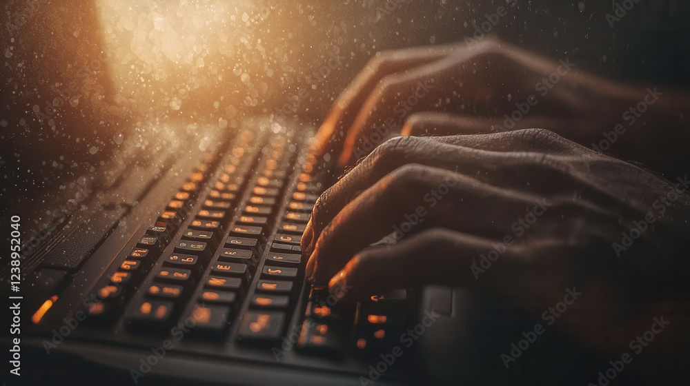 Aufkleber close up of hands typing on glowing keyboard, creating warm atmosphere. soft light enhances focus on