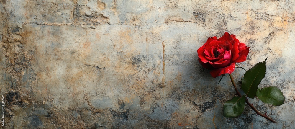 Poster red rose on textured wall background with space for text on left side suitable for various design pu