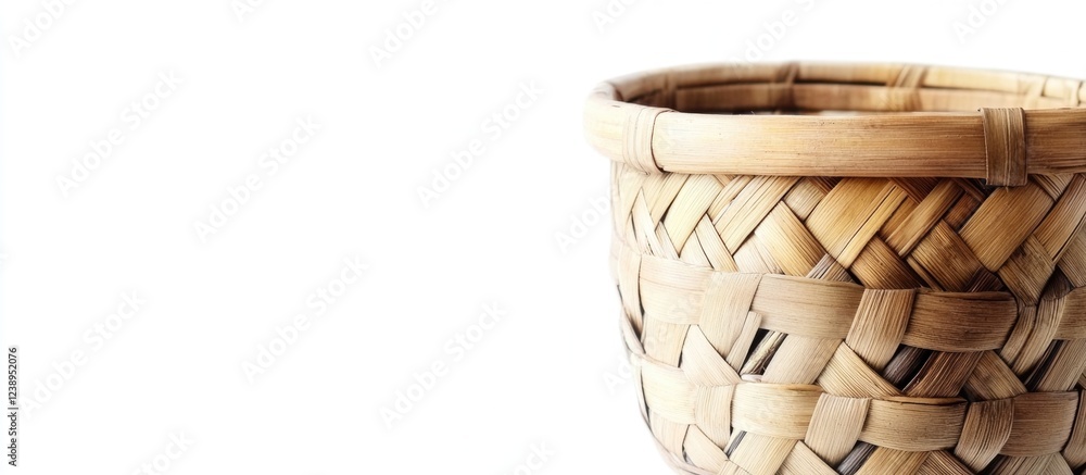 Poster woven straw basket with textured surface isolated on white background with ample copy space for text