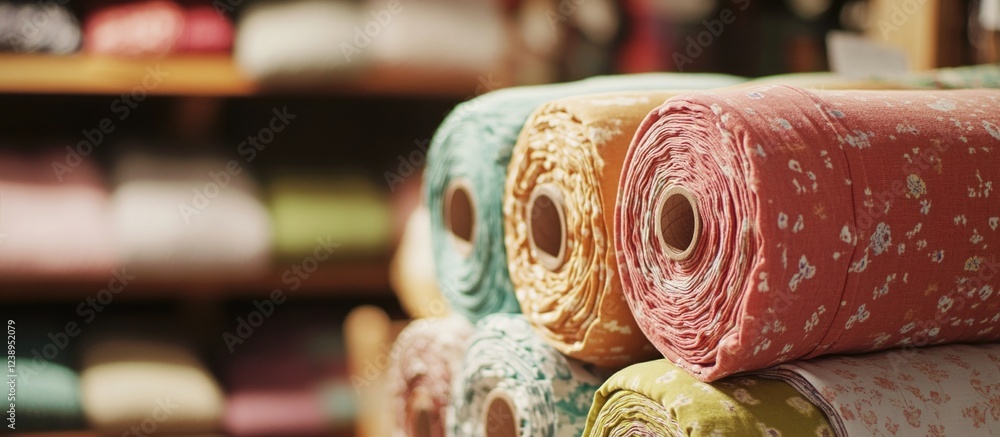 Aufkleber colorful fabric rolls stacked in a textile store with blurred background showcasing various patterns