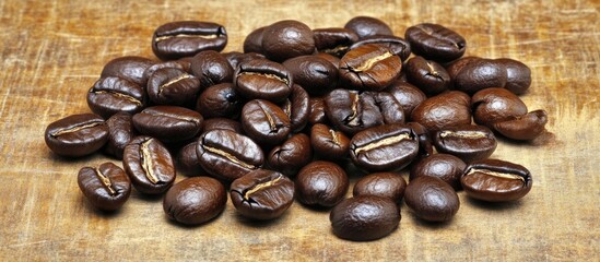 Close-up view of roasted coffee beans on a rustic wooden surface with natural lighting Copy Space