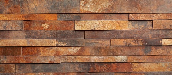Textured wall with stacked stone panels in shades of orange and brown suitable for backgrounds or interior design with Copy Space
