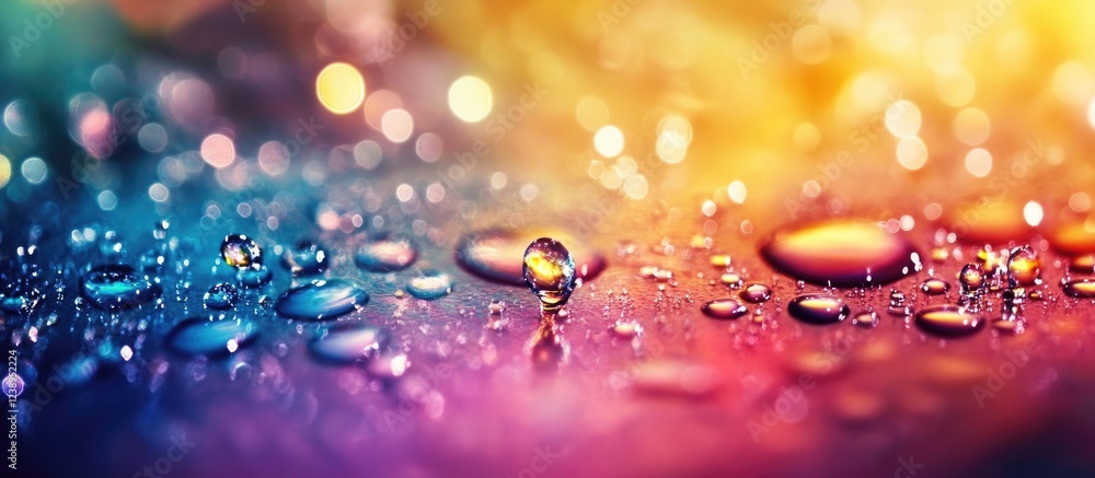 Poster close-up of water droplets on a colorful surface with bokeh effect and soft focus, displaying vibran