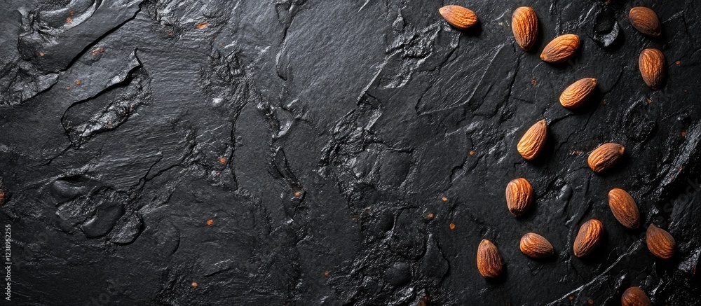 Poster almonds scattered on a dark stone background with textured surface and ample copy space for text pla