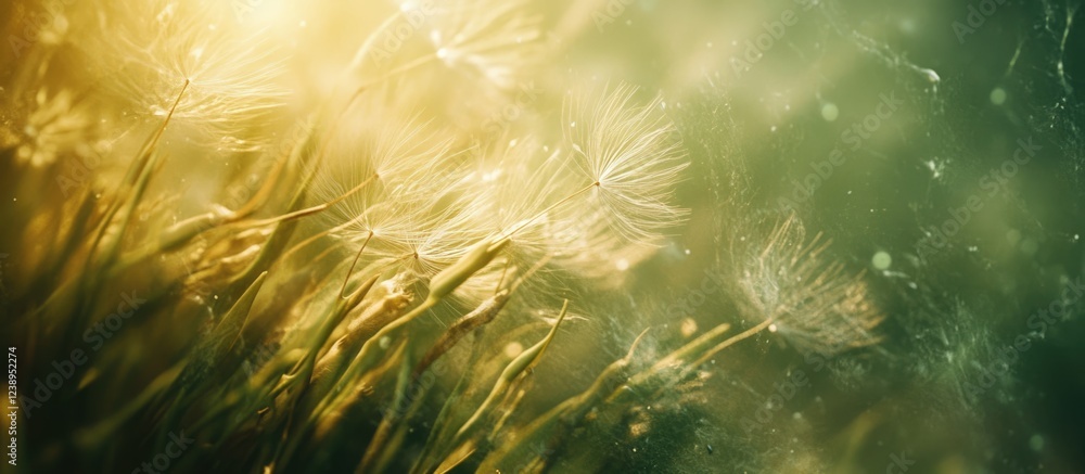 Aufkleber dandelion seeds in sunlight over soft green grass with blurred background and bokeh effect ideal for