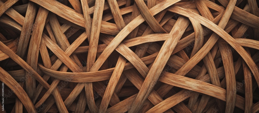 Poster brown wooden slats intertwined in a complex pattern creating a textured background copy space