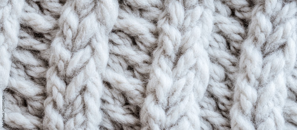 Poster close-up of textured knitted fabric showing white and grey yarn pattern with visible cables and fibe