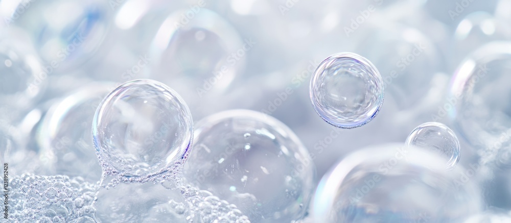 Poster transparent soap bubbles on a white background with soft focus and shallow depth of field copy space