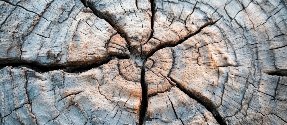 Poster close-up view of weathered tree stump with visible growth rings and cracks detailed texture natural 