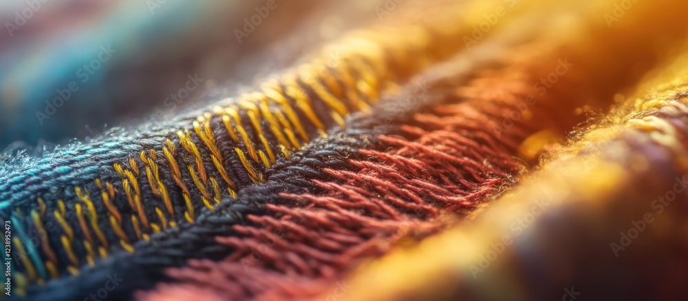 Poster colorful textile fabric with intricate weaving patterns and textures illuminated by warm soft light 