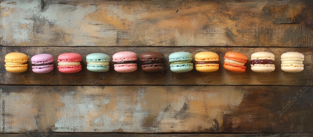 Poster colorful macarons arranged in a line on a rustic wooden background with copy space for text placemen