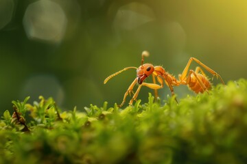 Macro photography of a red ant standing on a moss with a blurred natural green background