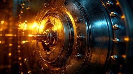 Glowing vault door mechanism close-up.