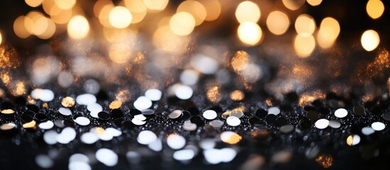 Abstract background with black and silver sequins illuminated by warm bokeh lights suitable for festive and celebratory themes Copy Space