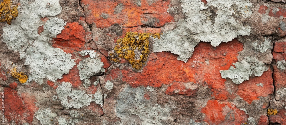 Aufkleber textured surface of weathered stone wall with orange and gray lichen patterns and cracks suitable fo
