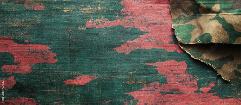 Poster textured camouflage fabric background with red and green patterns and folded edge copy space