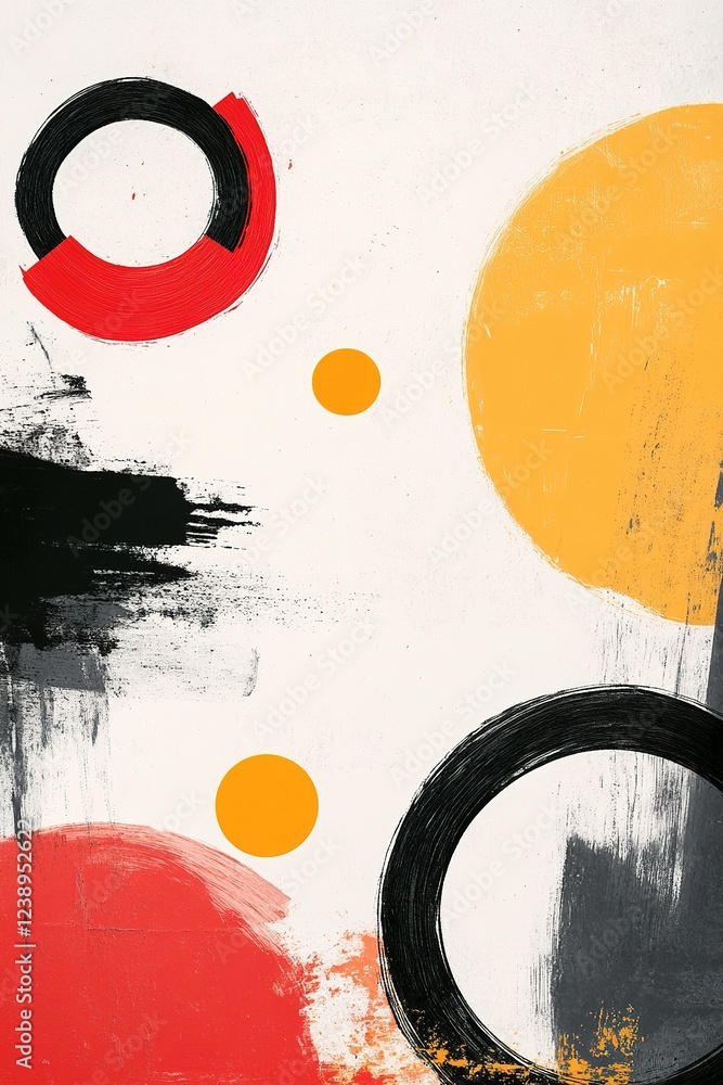 Poster a dynamic composition displays bold circles and squares in vibrant colors of red, black, and yellow,