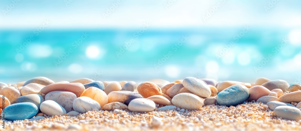 Poster smooth pebbles on sandy beach with blue ocean water and soft bokeh effect in background copy space