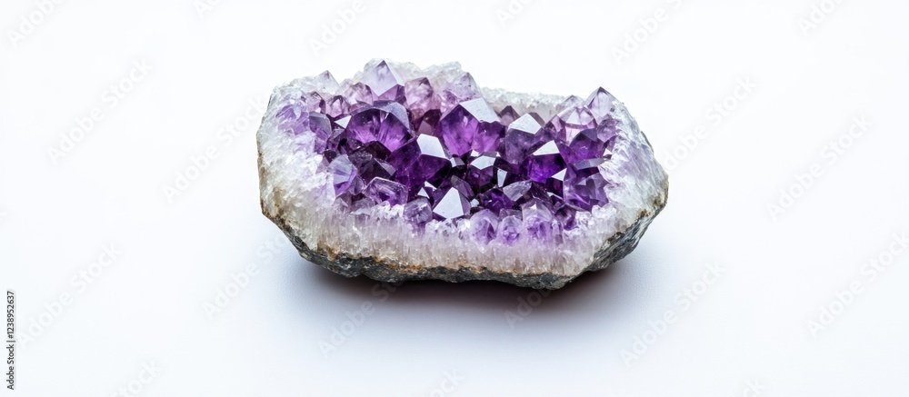 Poster amethyst geode crystal cluster on white background with copy space for text or graphics