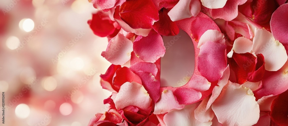 Poster rose petal background with hollow circular space for text, blurred soft bokeh effect in shades of pi