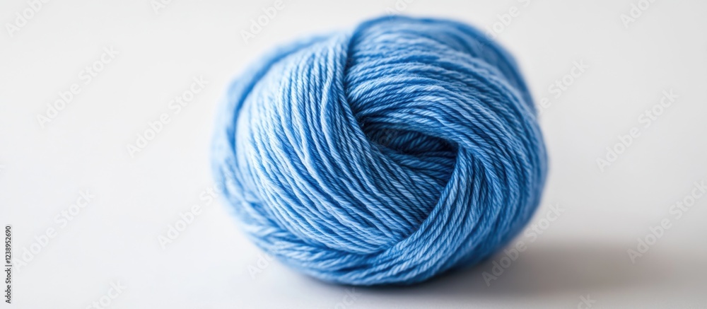 Poster blue yarn ball with soft texture and subtle color gradients on white background copy space