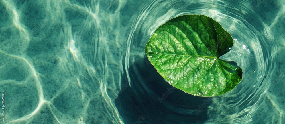 Poster green leaf floating on the surface of clear water with rippling reflections and circular patterns co