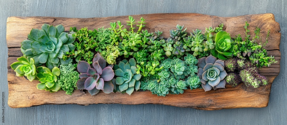 Aufkleber assorted green succulent plants arranged on a rustic wooden plank with a textured background and amp
