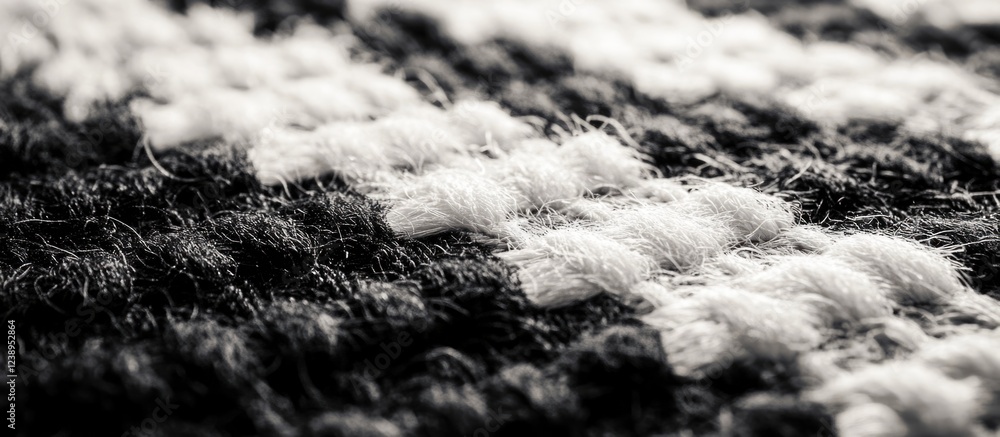 Poster close-up texture of woven fabric in black and white with fibers prominently displayed and room for t