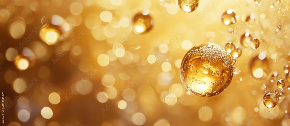 Poster golden bubbles on a blurred golden background with soft bokeh effects and a smooth texture copy spac