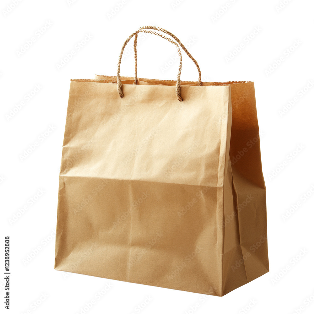 Poster a single empty light brown paper shopping bag with twisted rope handles is shown against a black bac