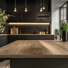 Fototapeta premium Modern kitchen interior with wooden countertop and stylish lighting featuring plants and black cabinetry with warm ambient lighting Copy Space