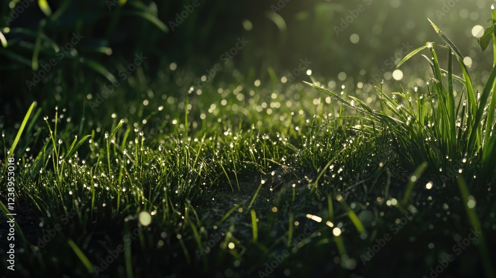 Poster dew-covered grass with sunlight creating bokeh effect in a natural setting copy space