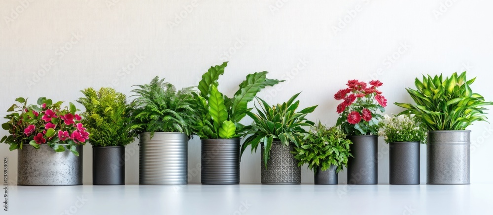 Poster assorted indoor plants in decorative pots arranged on a table against a light background with ample 