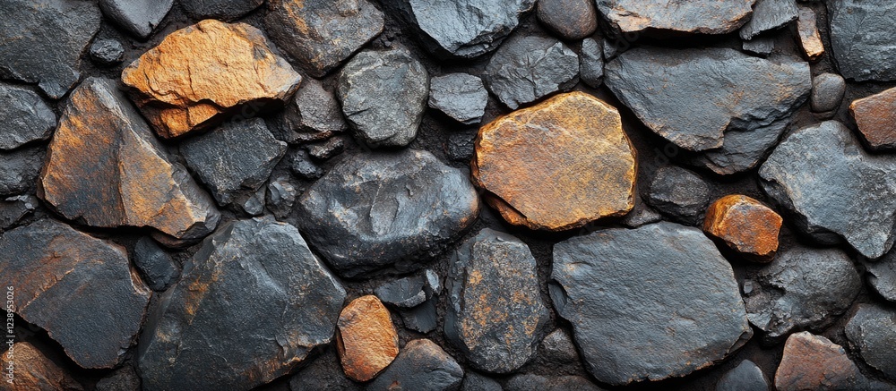 Poster textured background of various dark stones with orange hues arranged randomly, suitable for design a