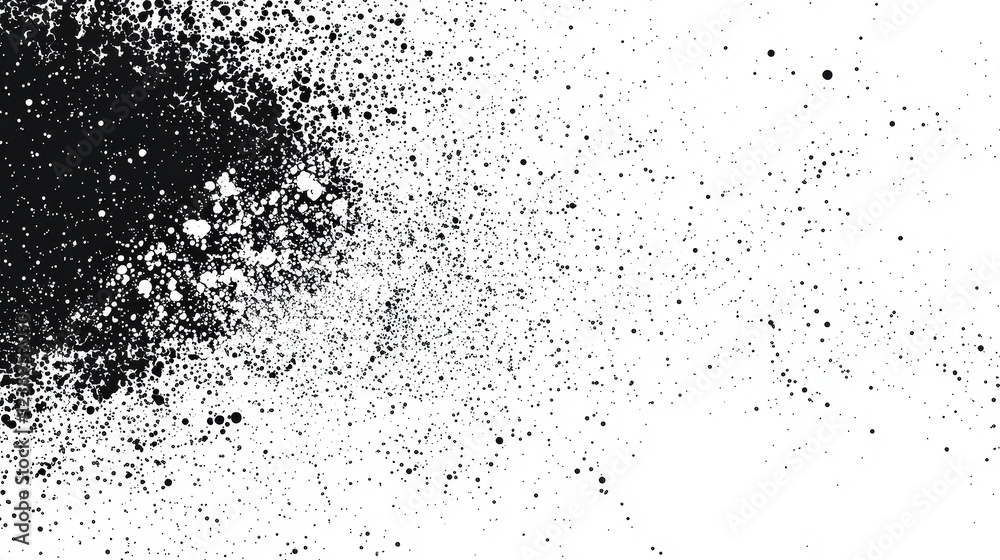 Poster An abstract display of splattered black paint contrasted against a white background, featuring a dynamic spread of different-sized droplets and textures