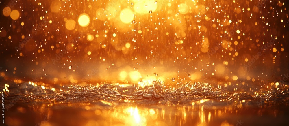 Aufkleber golden water droplets creating a bokeh effect on the surface, reflecting light in a vibrant, warm at