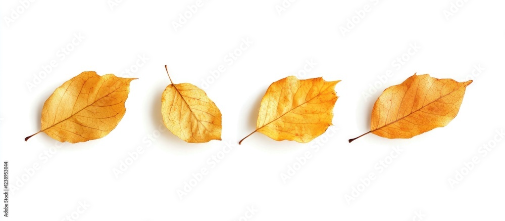 Poster four autumn leaves arranged in a line on a white background with ample copy space for text placement