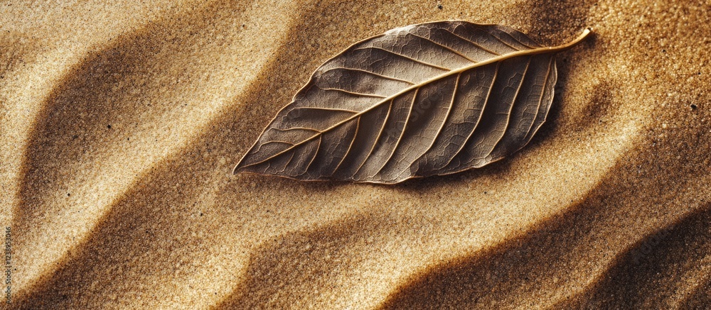 Poster dry leaf resting on textured sand surface with gentle waves creating a natural pattern and warm tone