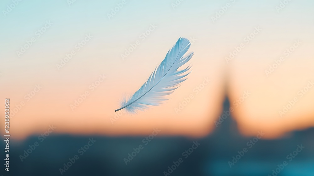 Poster gracefully floating feather in soft lighting against blurred background