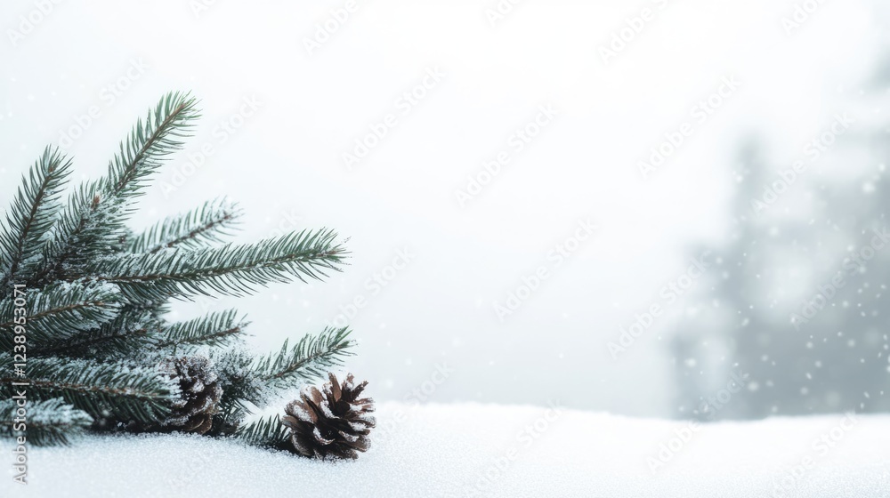 Poster snowy landscape with pine branches and cones on white snow background with soft snowfall and blurred