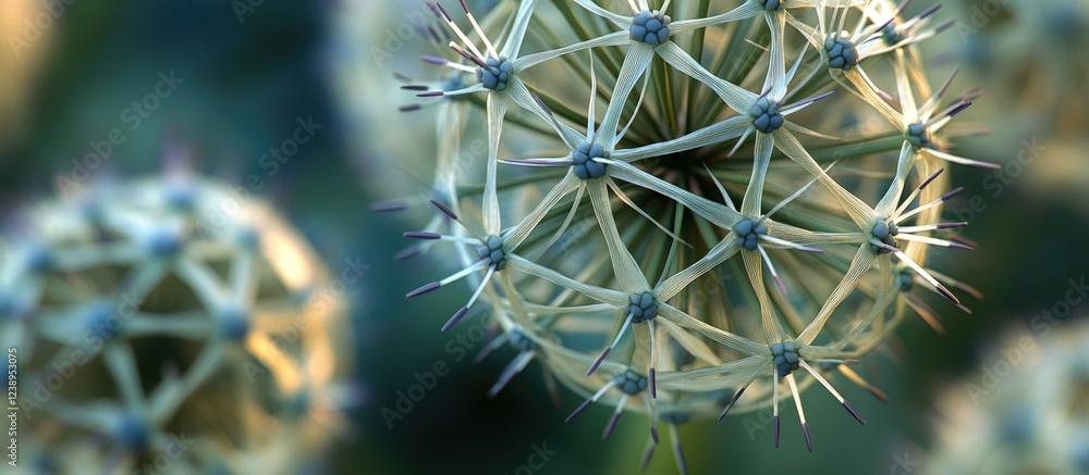 Poster close-up view of spherical cactus with intricate spines and structure against a blurred green backgr