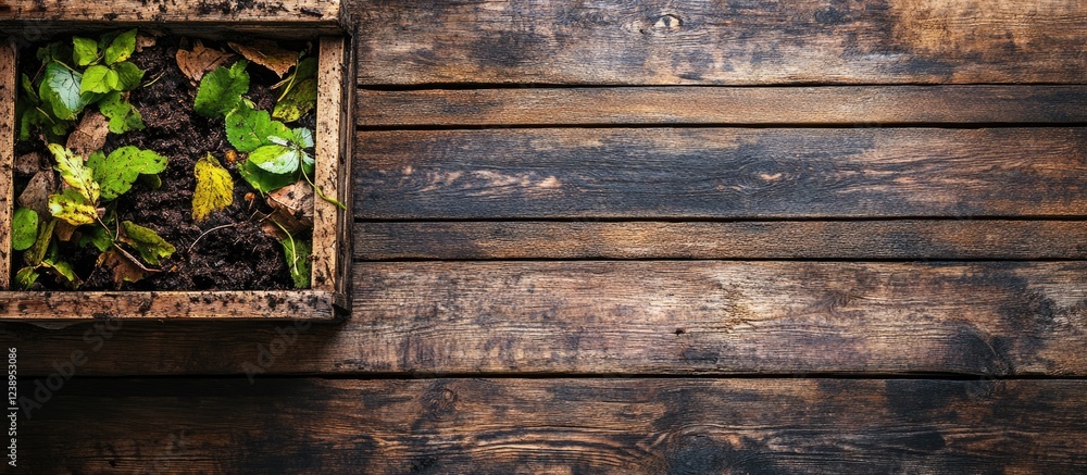 Poster wooden box with soil and leaves on rustic wooden surface with copy space for text placement