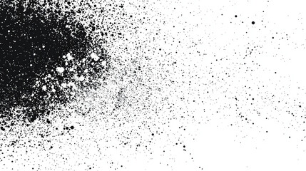 Obraz premium An abstract display of splattered black paint contrasted against a white background, featuring a dynamic spread of different-sized droplets and textures