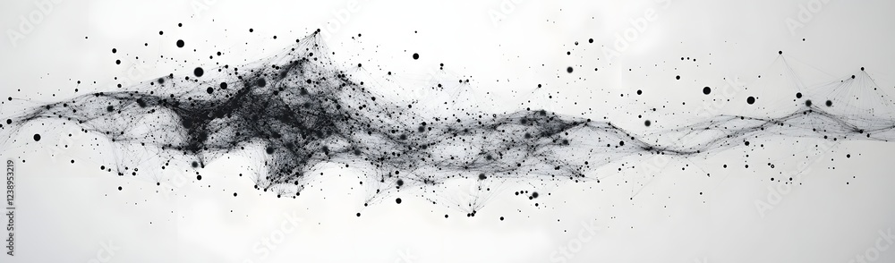 Poster abstract black and white wave-like pattern with scattered dots, suggesting movement and fluidity