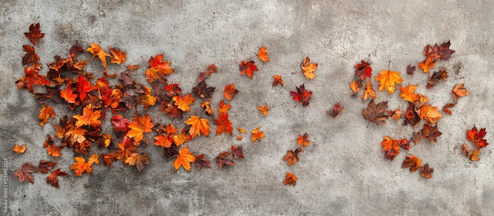 Poster colorful autumn leaves scattered on a textured gray background with ample space for text copy space