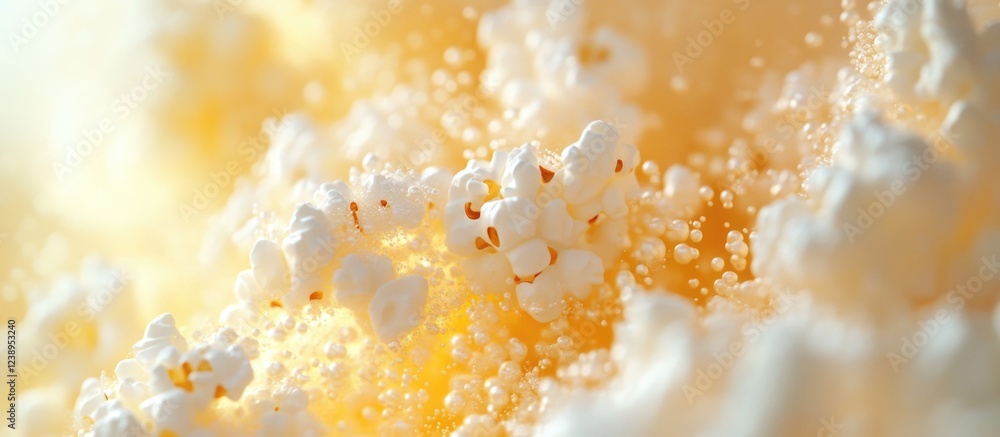 Poster close-up of buttery popcorn texture with bubbles on a light background ideal for food-related themes