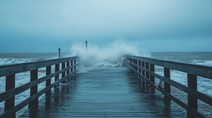 Obraz premium Turbulent Waves Crashing Against a Wooden Pier