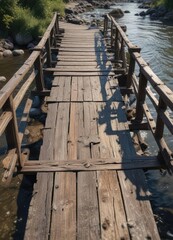 Fototapeta premium Old Wooden Bridge with Weathered Details and Grime, old wooden bridge, vintage style