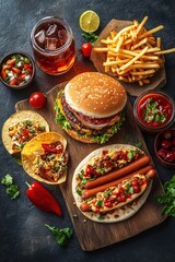 Delicious assortment of fast food on a dark surface with burger fries tacos and hot dogs