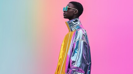 Stylish Model in Colorful Jacket Against Bright Gradient Background